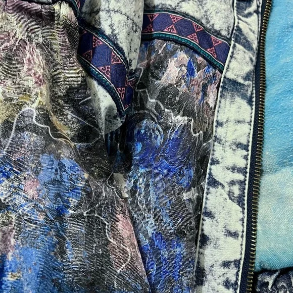 Vtg 80s 90s Acid Wash Denim Puffer Jacket Patchwork Glam Rock Hip Hop Bomber M - Picture 15 of 16